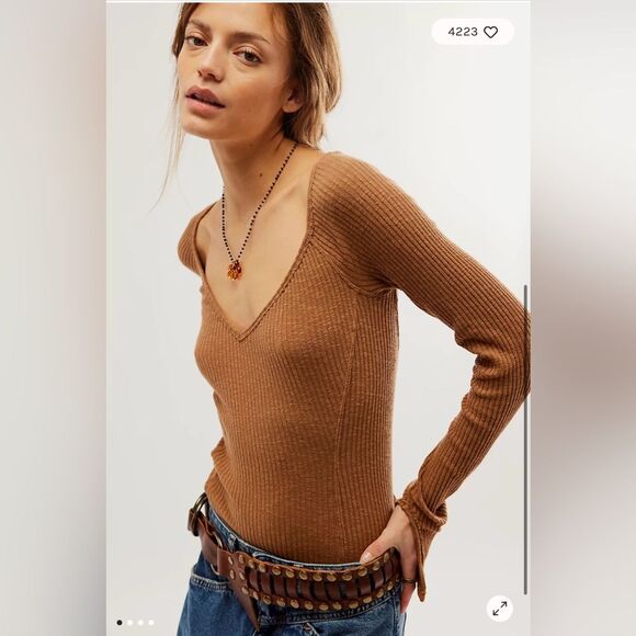 Free People We The Free Passing Thru Layering Tee, Brown, Size S - Picture 1 of 9